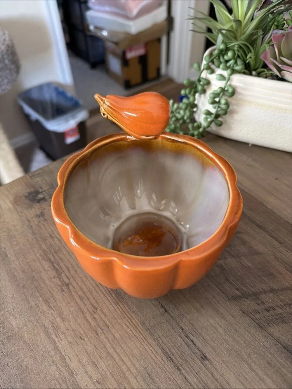 Orange Glazed Pumpkin-Shaped Bowl With Gourd Accent On Upper Rim
